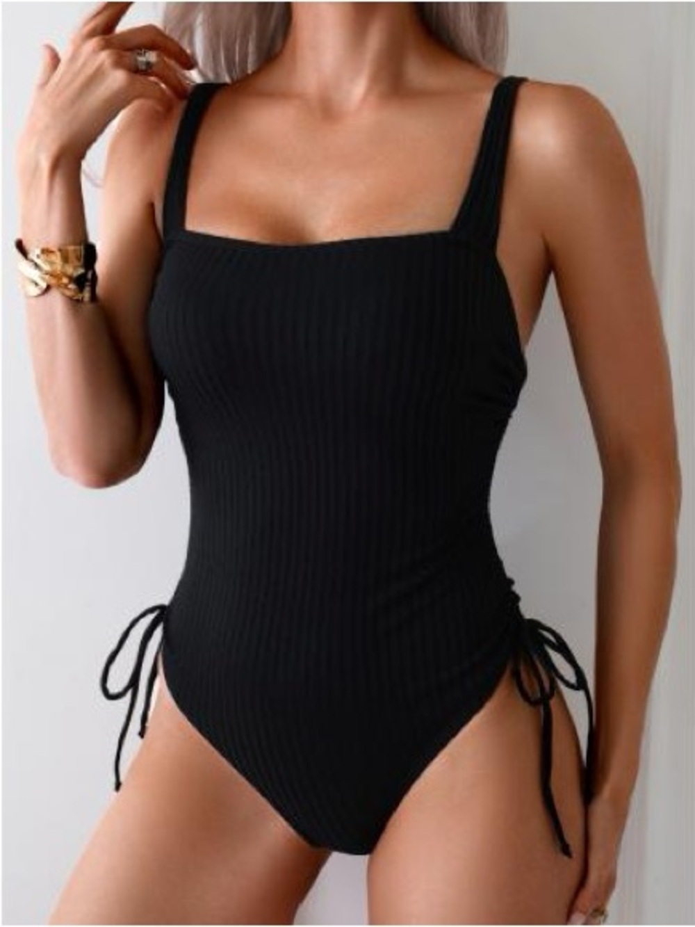 Black Ribbed One-Piece Swimsuit with Side Ties